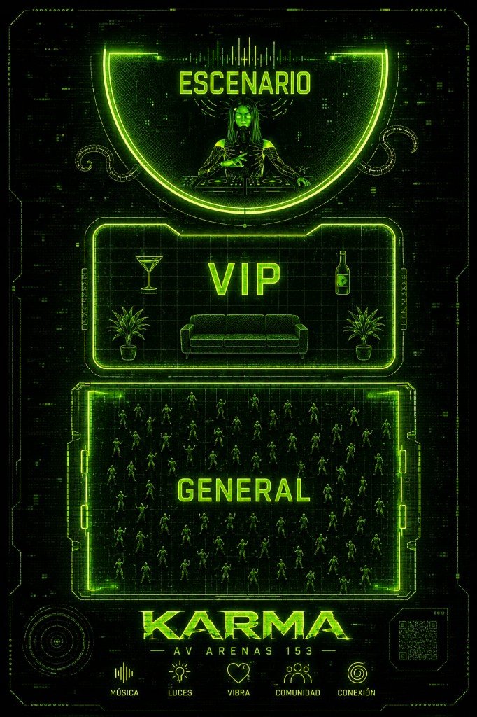 Mapa del evento Karma: escenario, zona VIP y zona general en DejaVu Arena.