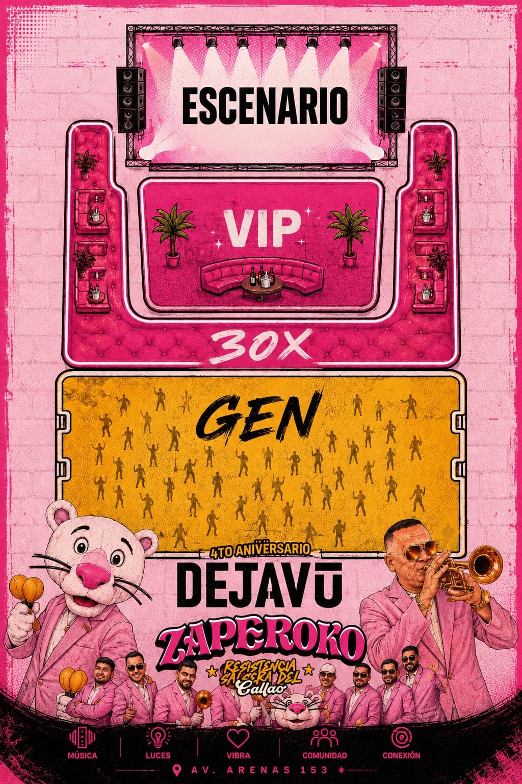 Mapa de zonas Zaperoko DejaVu: escenario animado, VIP, banda frontal, zona general y cajas.